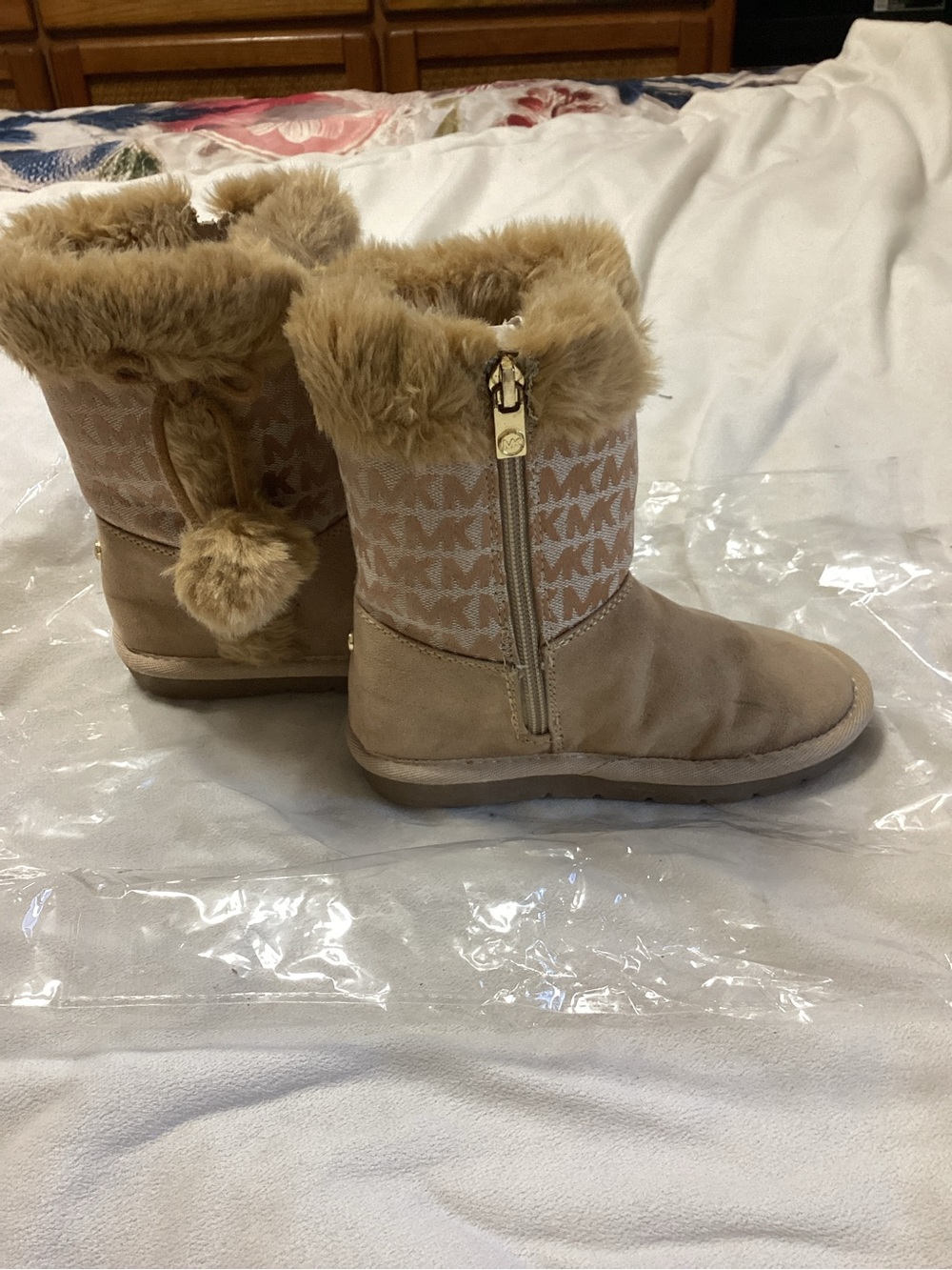 Michael Kors Kids Beige/Tan Faux-Fur Pom Pom Boots